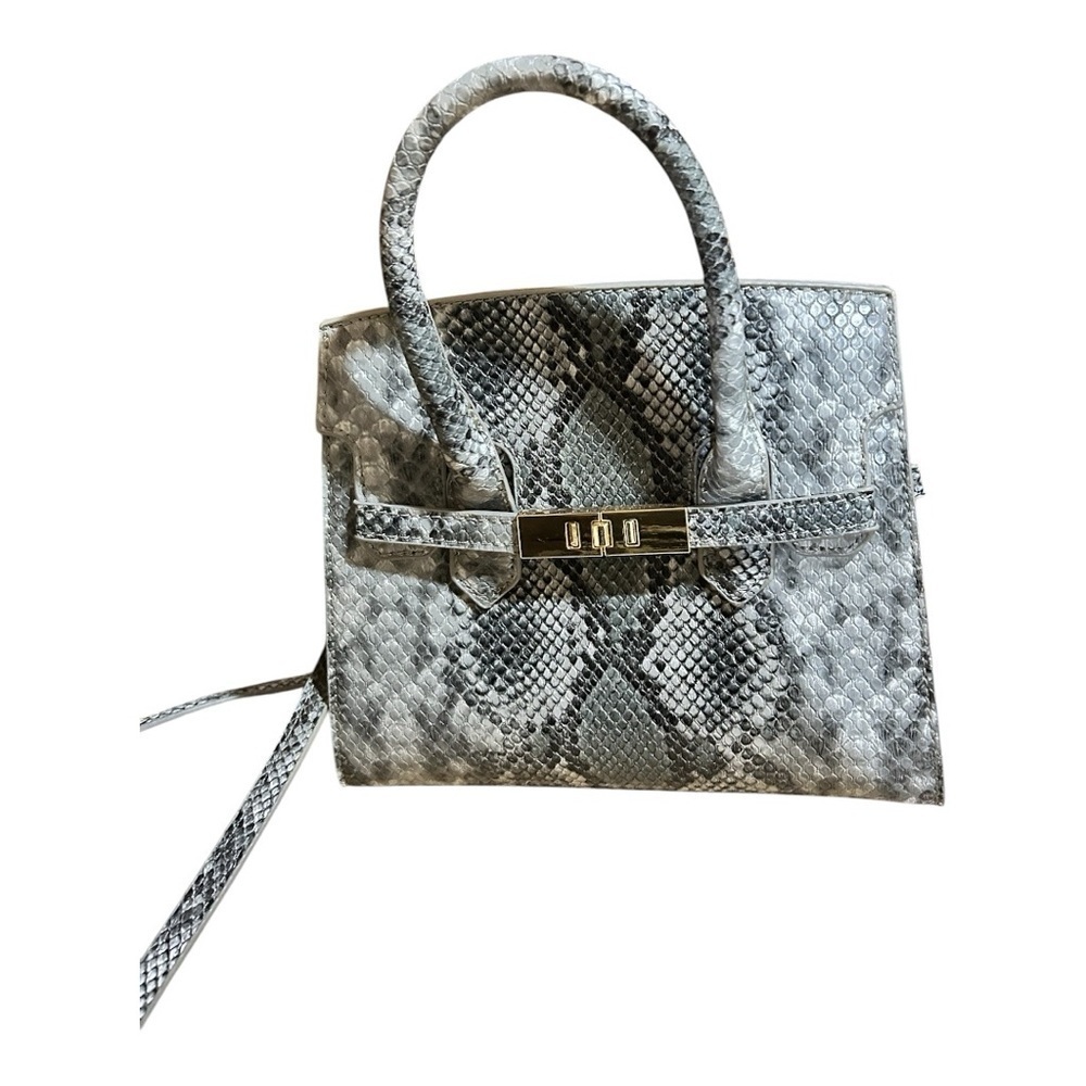 Gray Structured Satchel with Snakeskin Texture - Picture 3 of 5